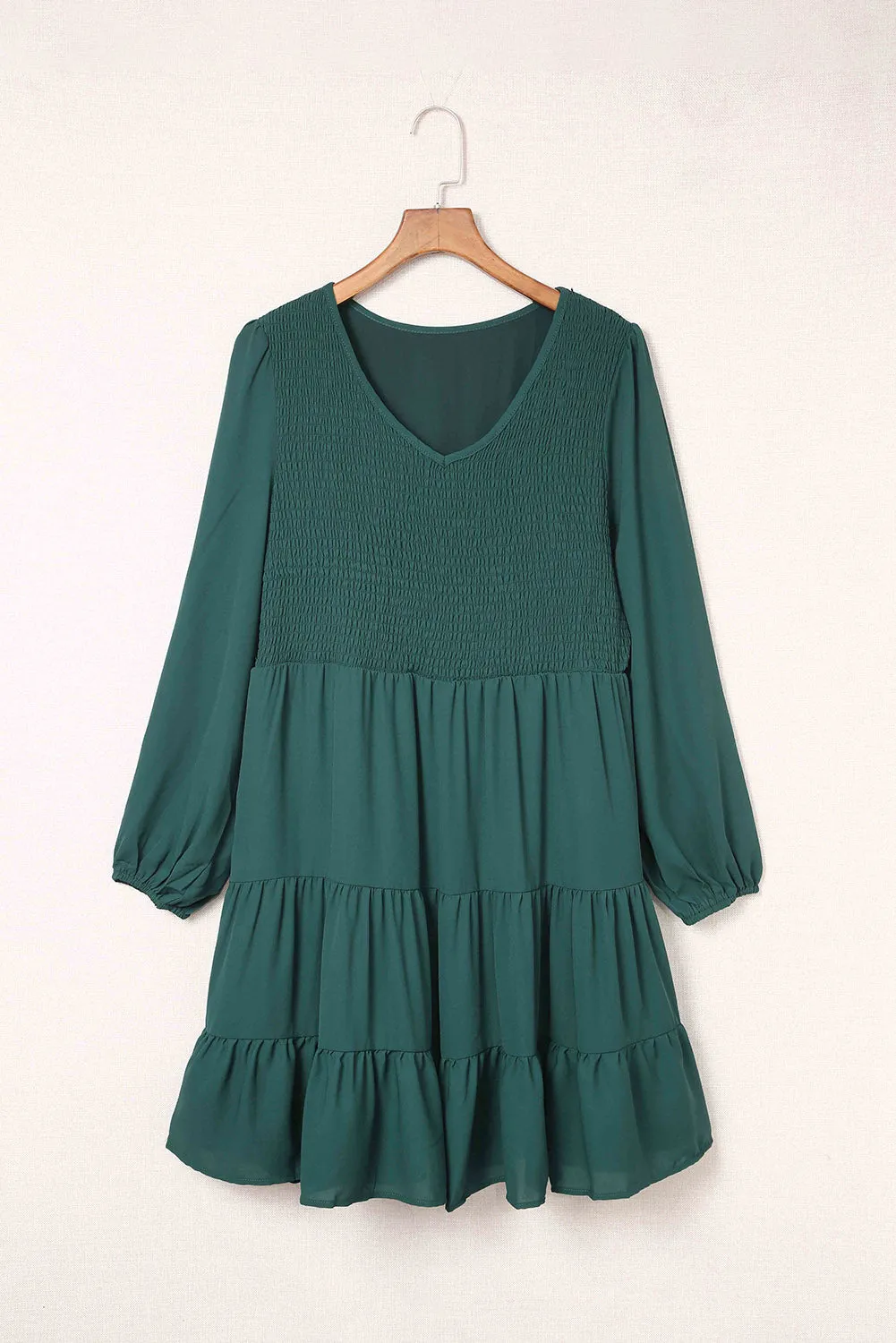 Green Plus Size Puff Sleeve Smocked Tiered Dress