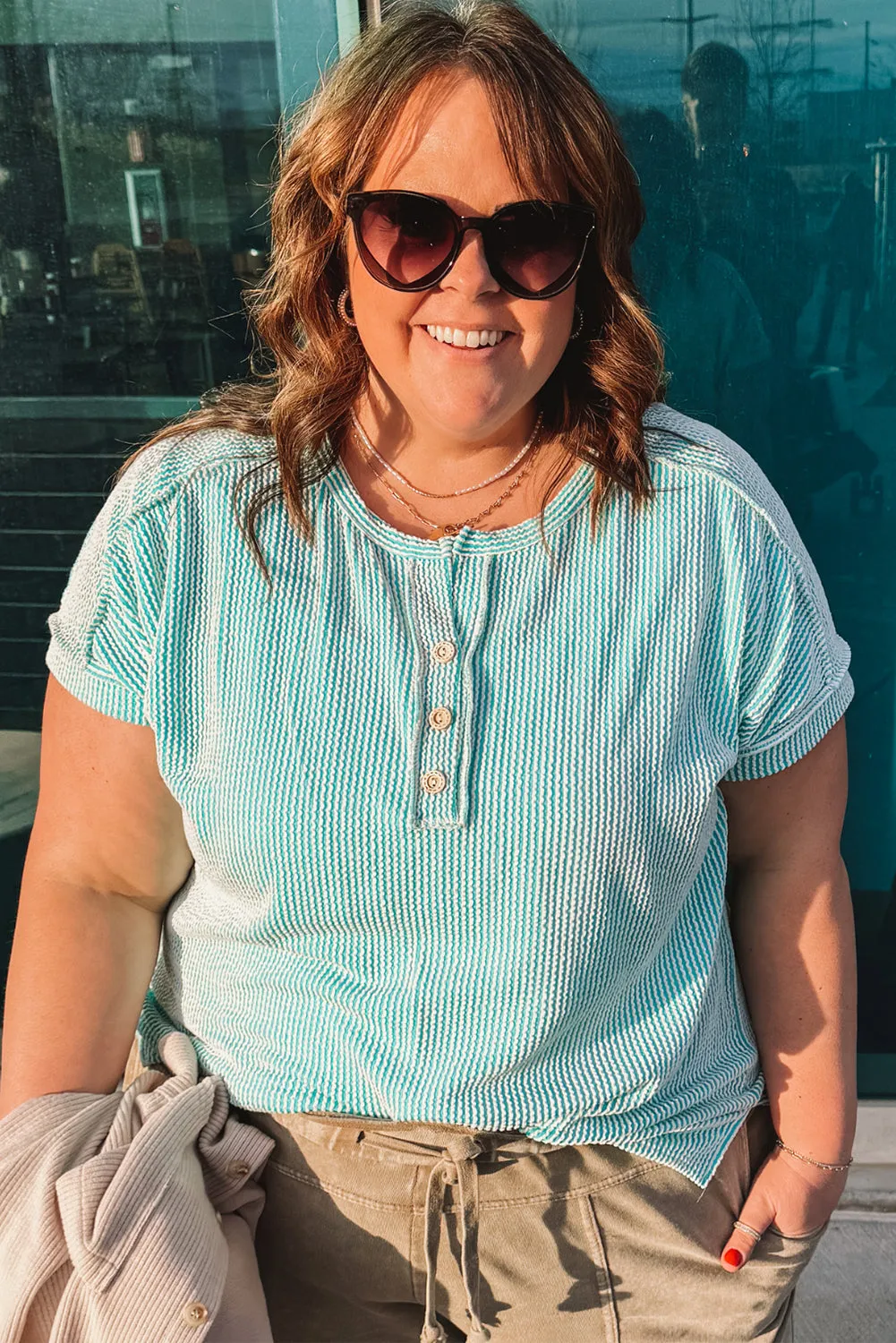 Iceland Blue Plus Size Textured Henley T Shirt