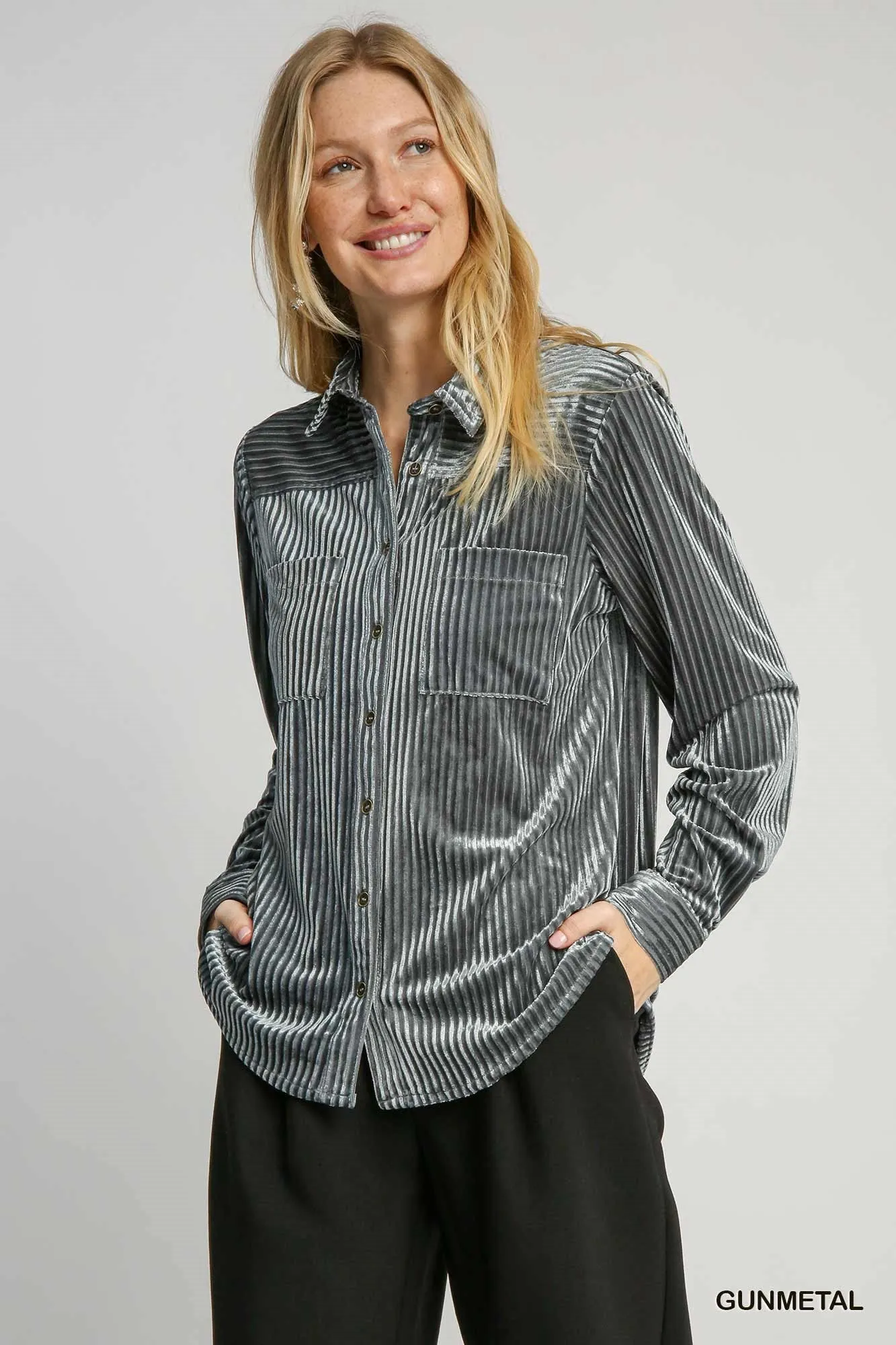 Jasper Ribbed Velvet Collared Top - Gunmetal