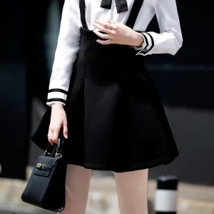 JLZXSY Fashion Women Elegant High Waist Suspender Skirt Pleated Swing A Line Mini Skirt