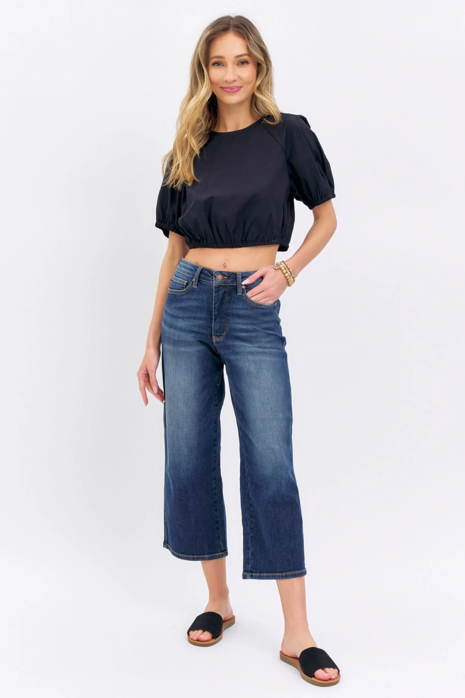 Judy Blue || Gina Mid Rise Tummy Control Wide Leg Denim Crop