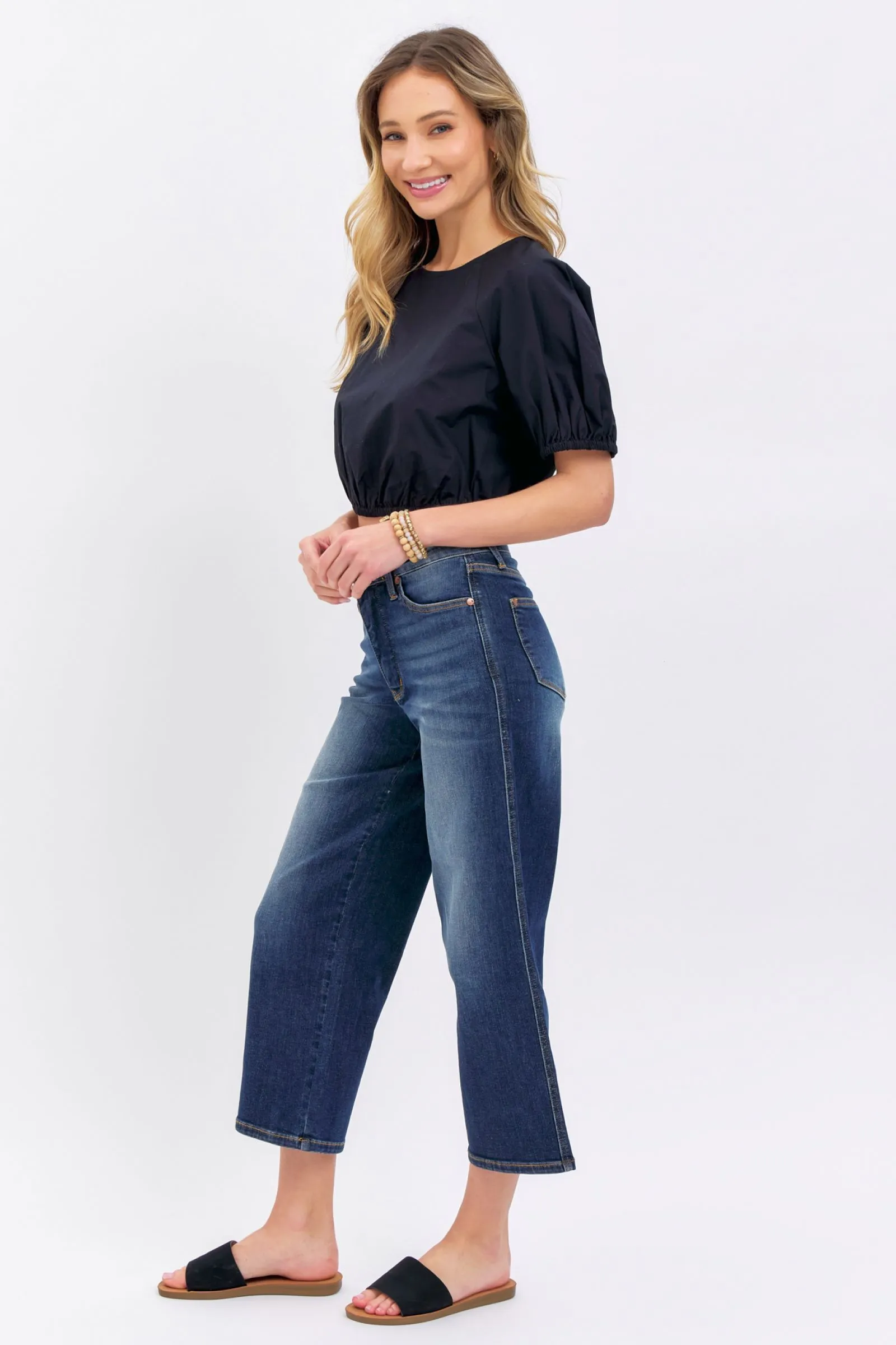 Judy Blue || Gina Mid Rise Tummy Control Wide Leg Denim Crop