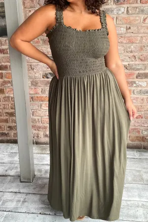 Jungle Green Shirred Bust Sleeveless Plus Size Maxi Dress