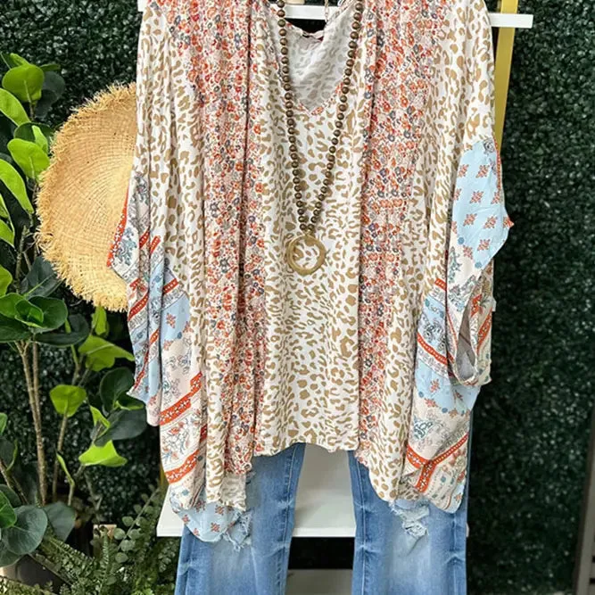 Kalani Khaki Color Block Leopard Floral Bat Wing Blouse