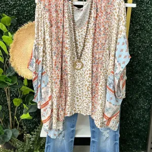 Kalani Khaki Color Block Leopard Floral Bat Wing Blouse