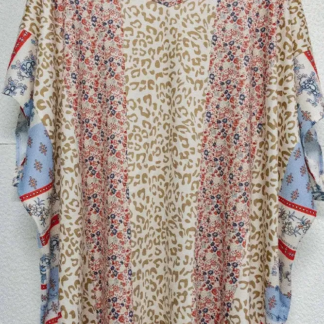 Kalani Khaki Color Block Leopard Floral Bat Wing Blouse