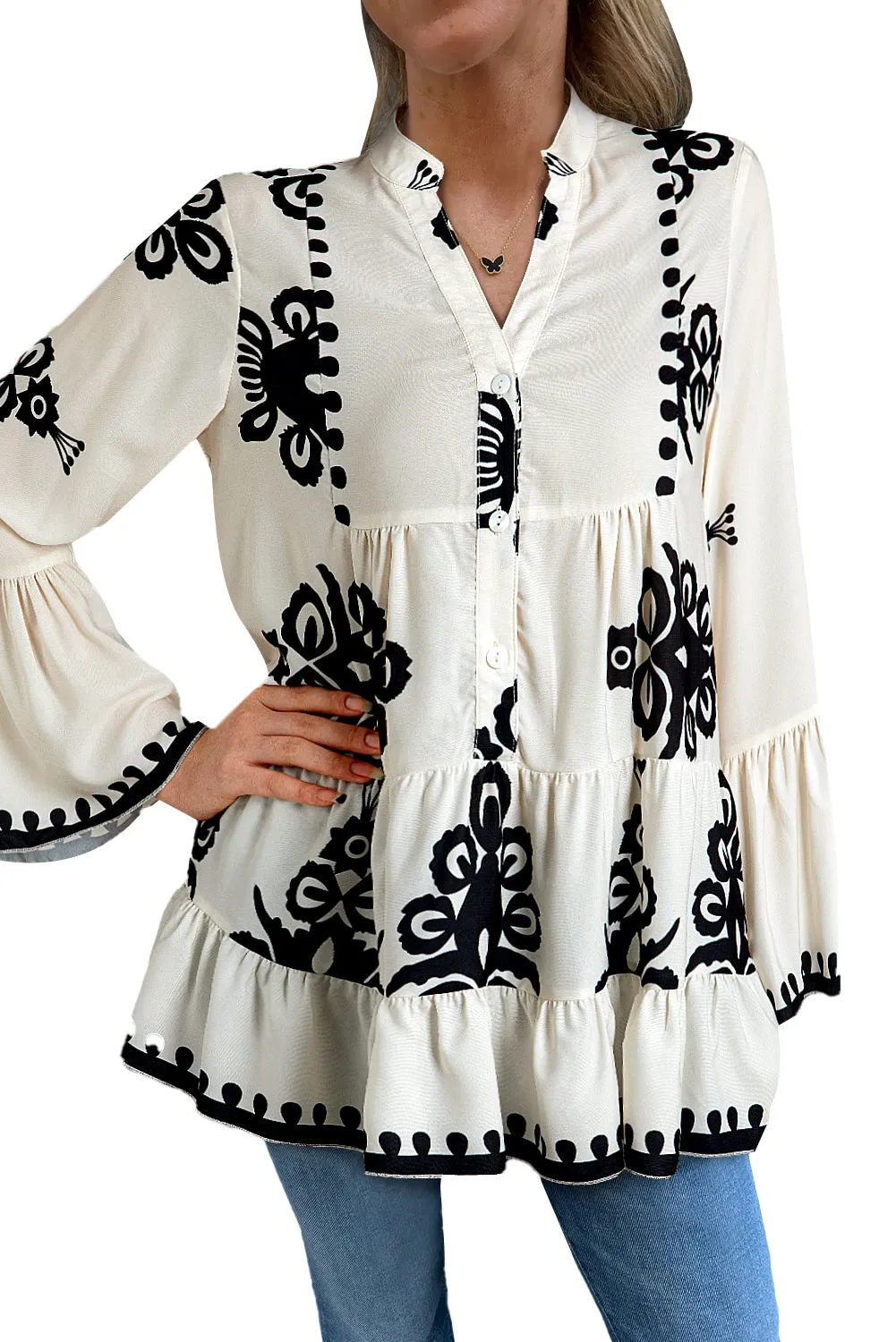 KaleaBoutique Stylish Abstract Printed Bell Sleeve Buttoned Tiered Babydoll Blouse