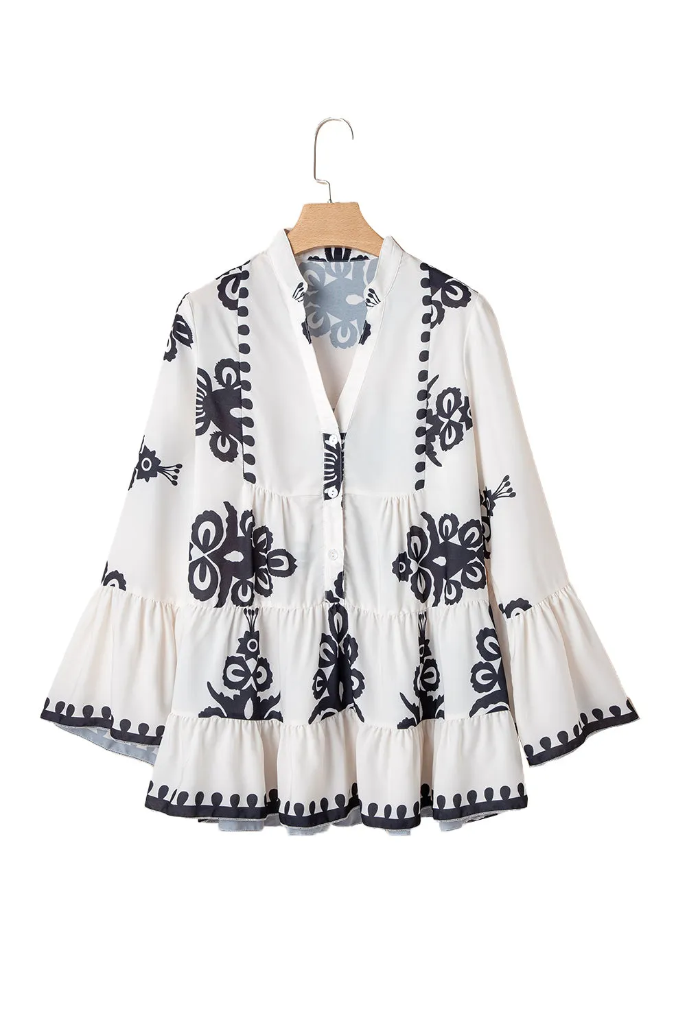 KaleaBoutique Stylish Abstract Printed Bell Sleeve Buttoned Tiered Babydoll Blouse