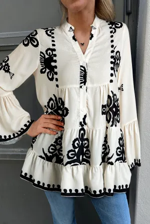 KaleaBoutique Stylish Abstract Printed Bell Sleeve Buttoned Tiered Babydoll Blouse
