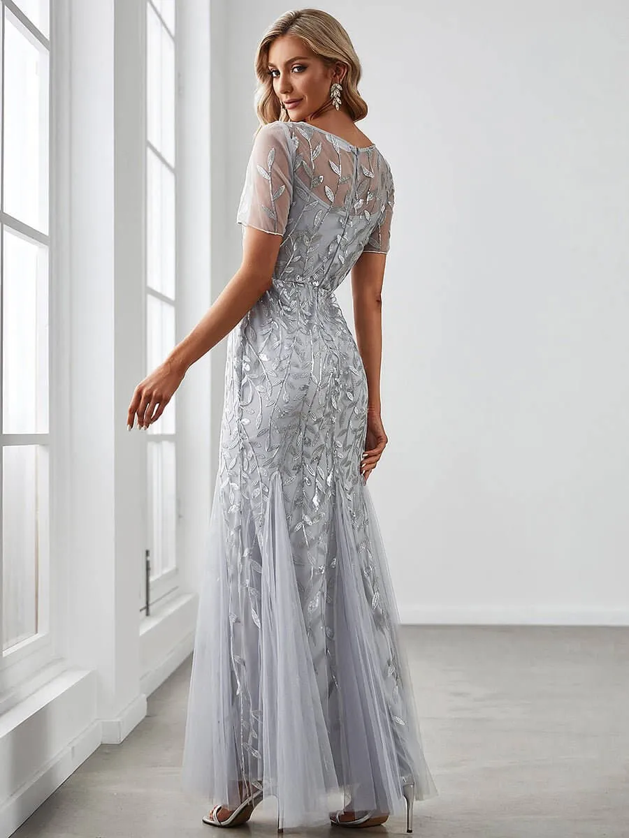 Krystal tulle embroidered leaf pattern dress with sequins in lighter colors