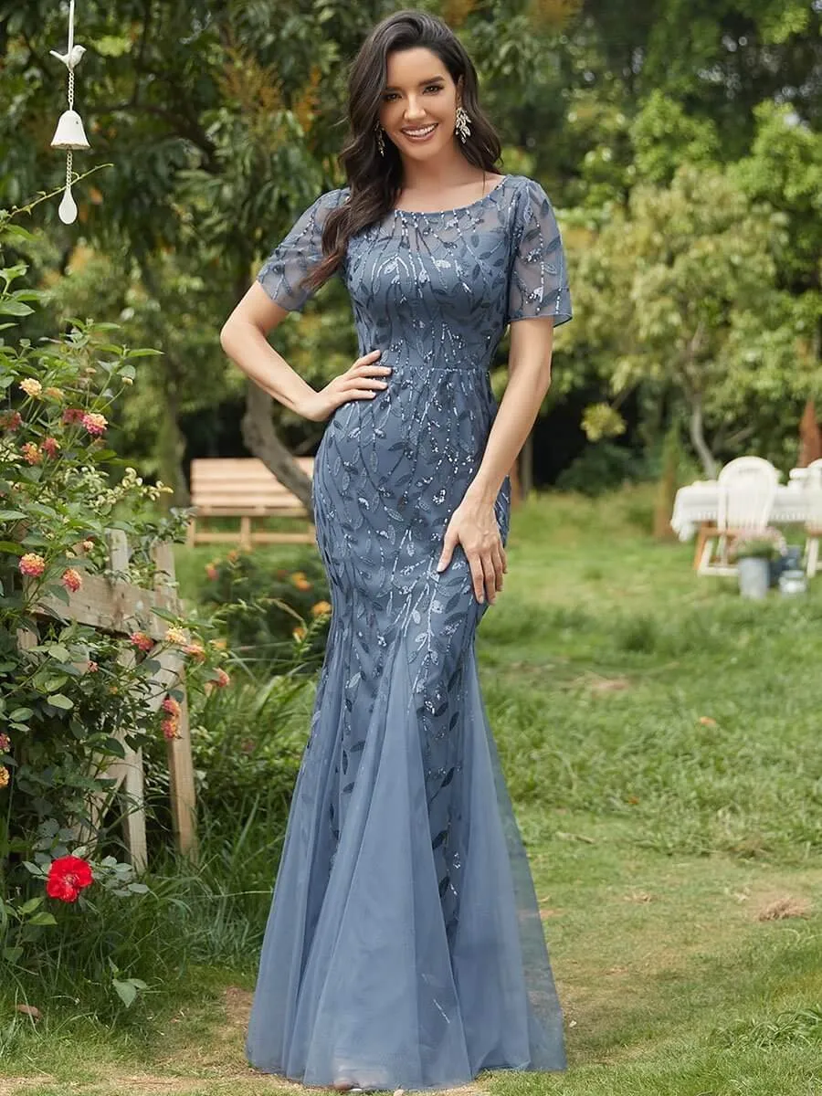 Krystal tulle embroidered leaf pattern dress with sequins in lighter colors