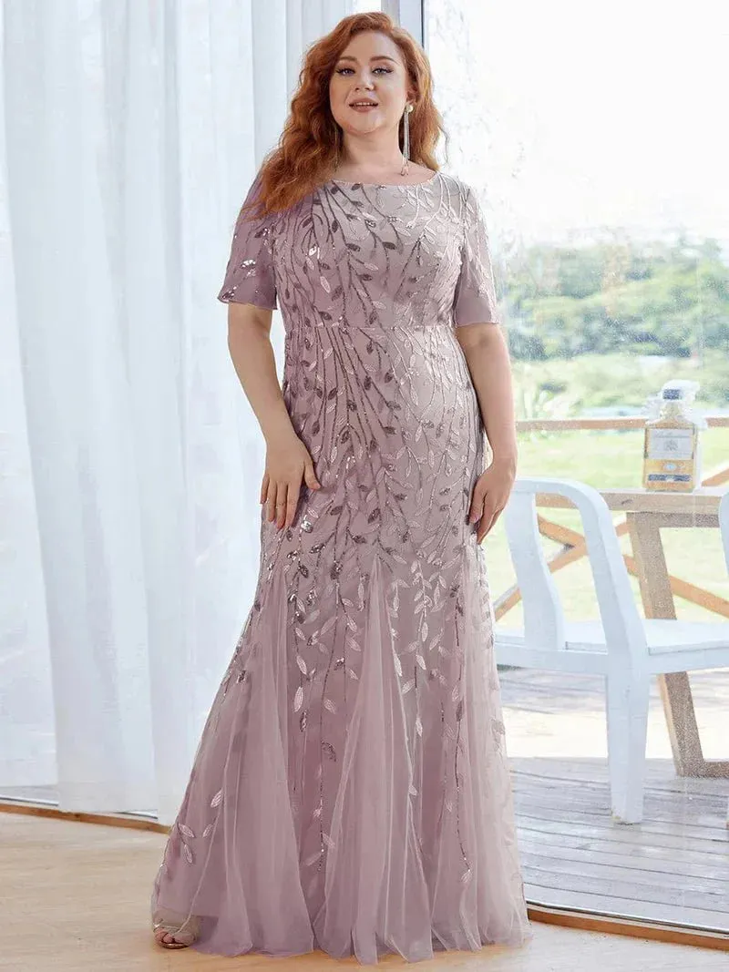 Krystal tulle embroidered leaf pattern dress with sequins in lighter colors