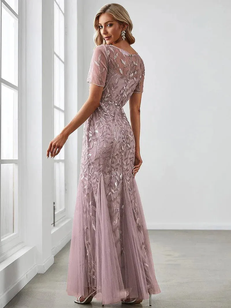 Krystal tulle embroidered leaf pattern dress with sequins in lighter colors