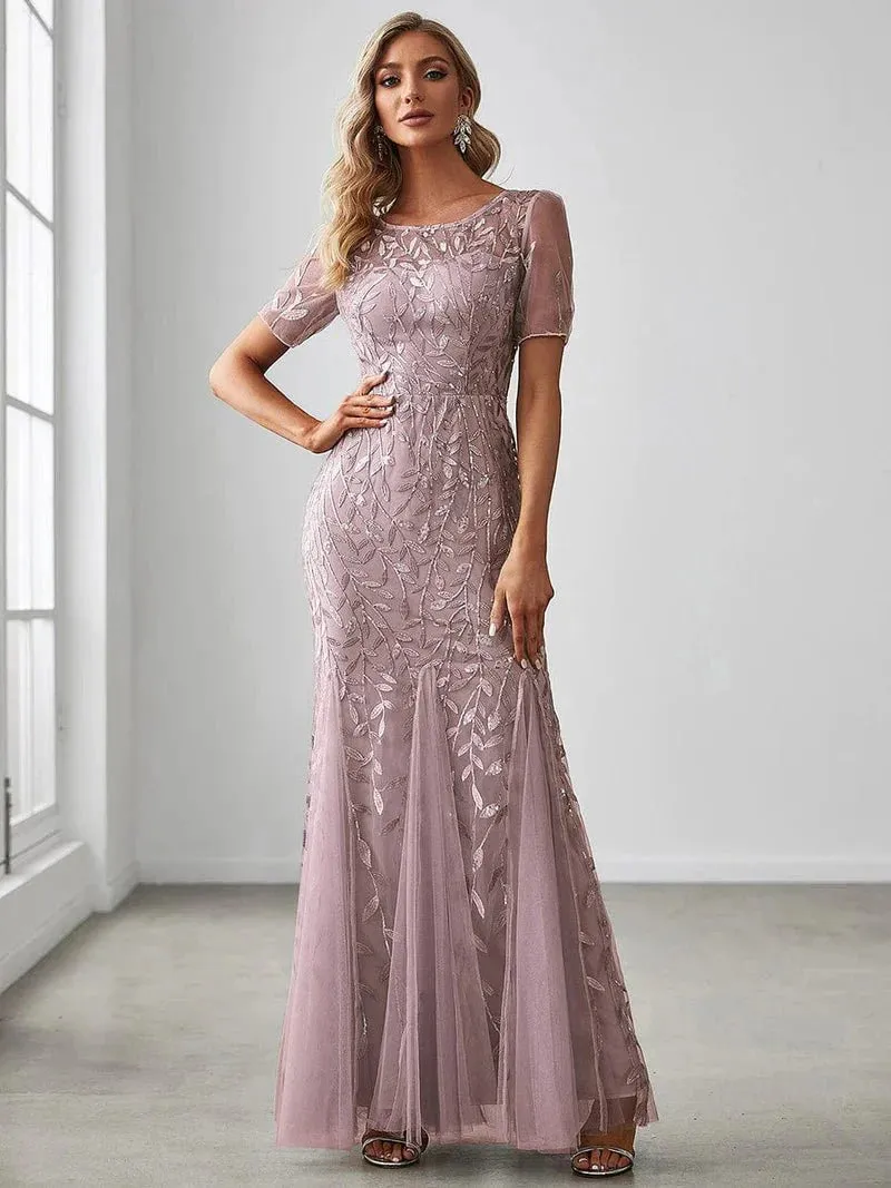 Krystal tulle embroidered leaf pattern dress with sequins in lighter colors