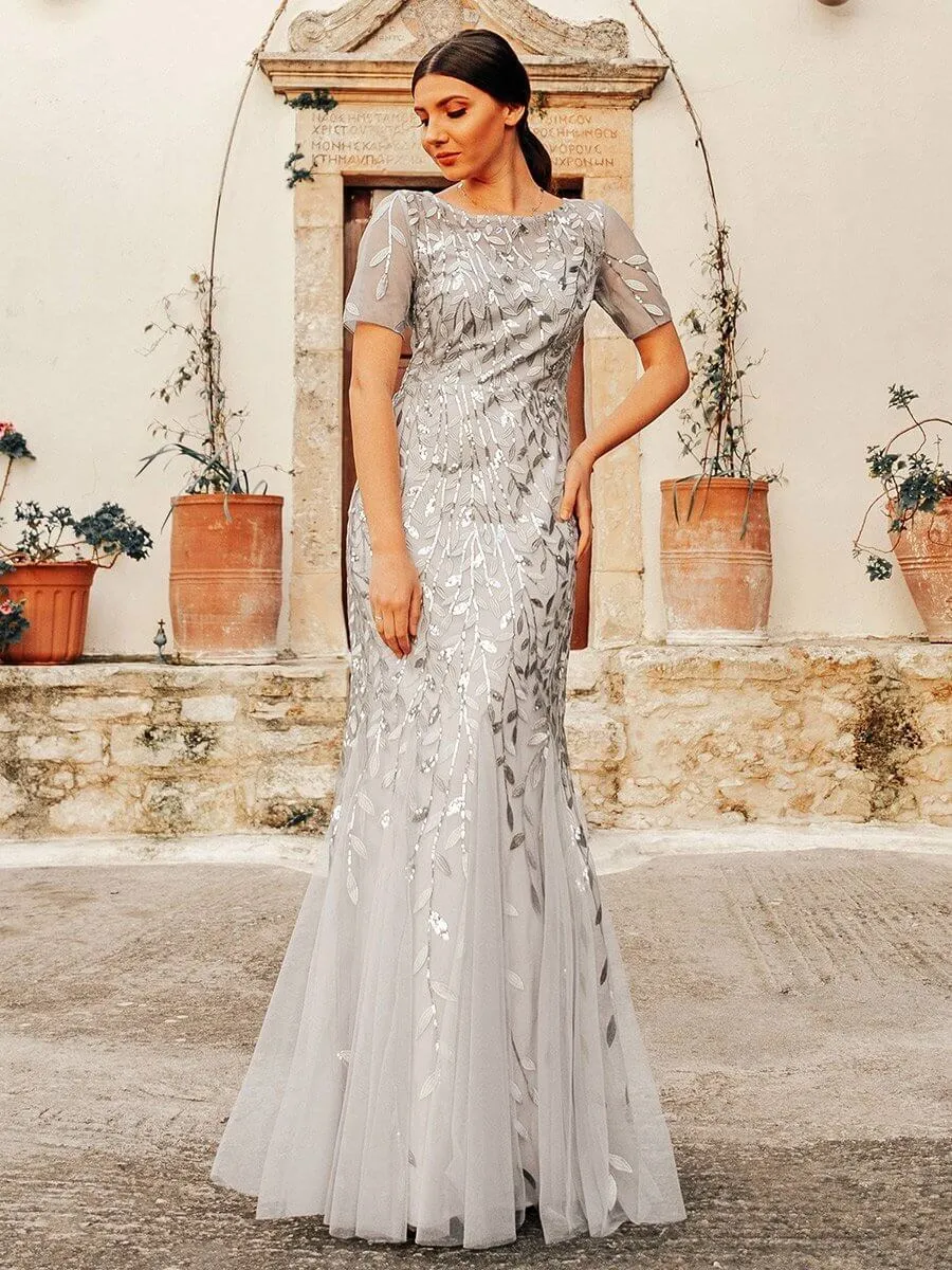Krystal tulle embroidered leaf pattern dress with sequins in lighter colors
