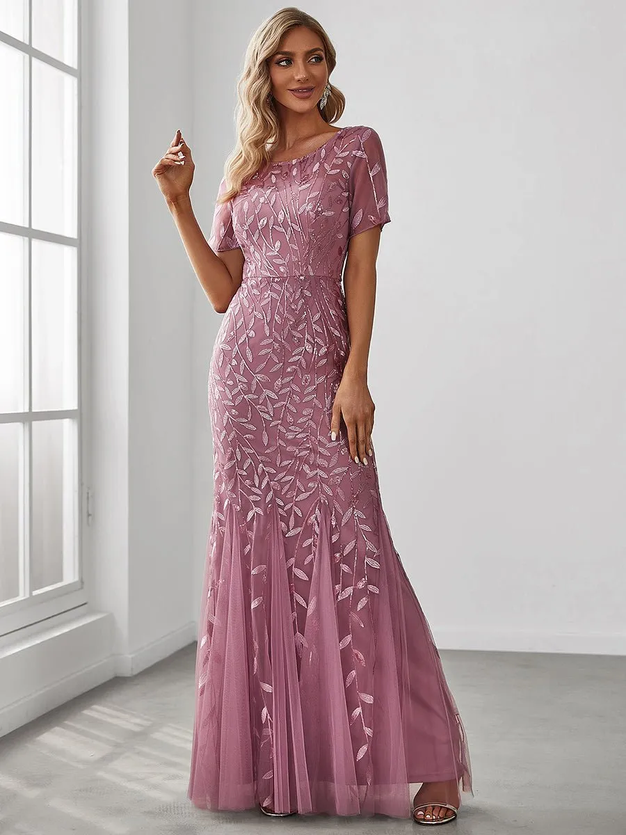 Krystal tulle embroidered leaf pattern dress with sequins in lighter colors