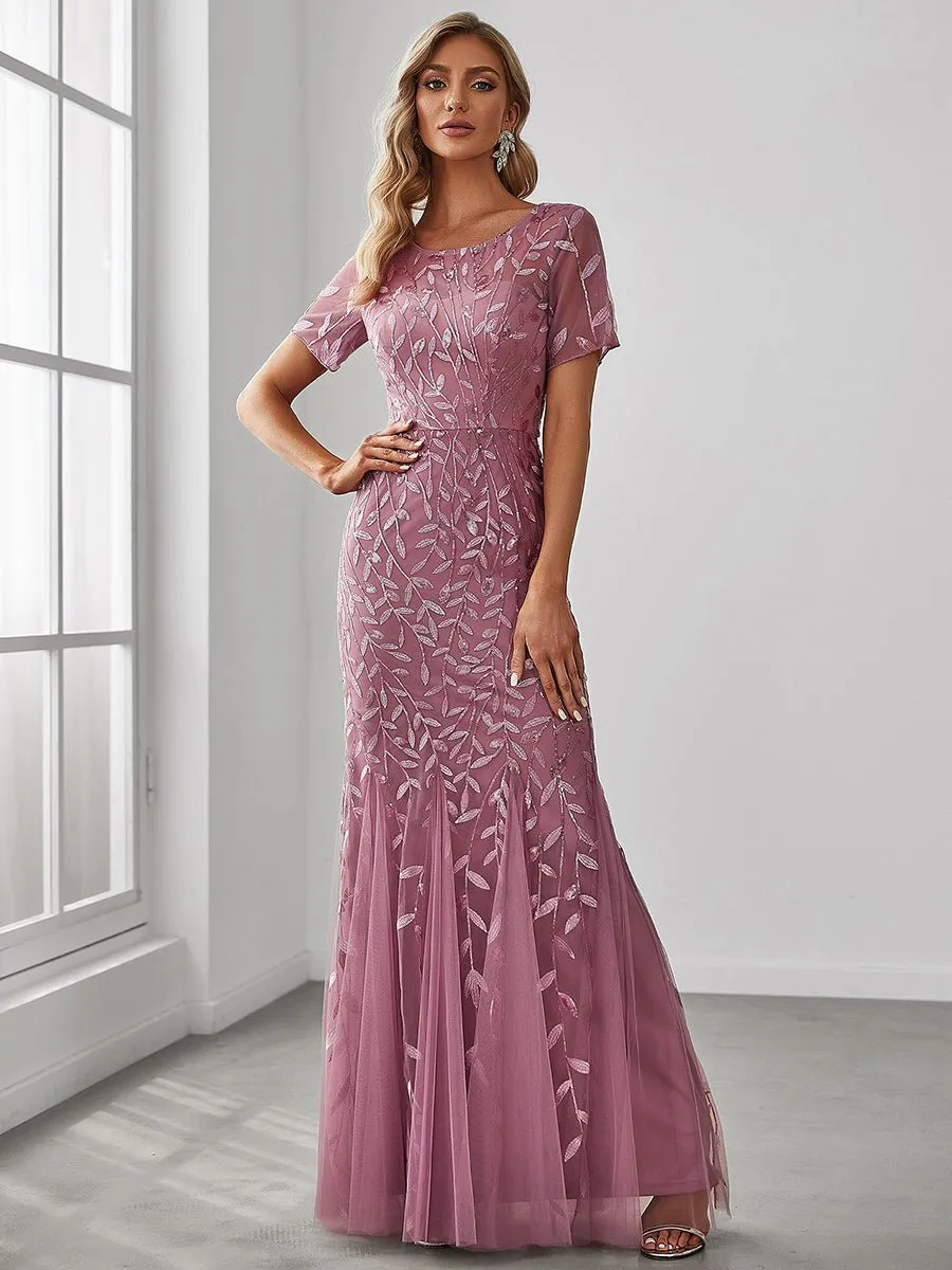 Krystal tulle embroidered leaf pattern dress with sequins in lighter colors