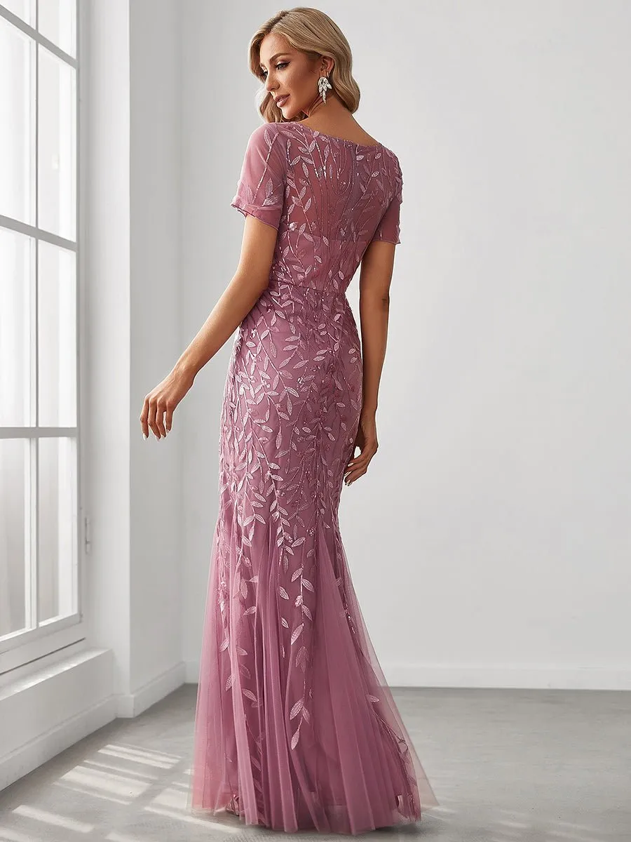 Krystal tulle embroidered leaf pattern dress with sequins in lighter colors