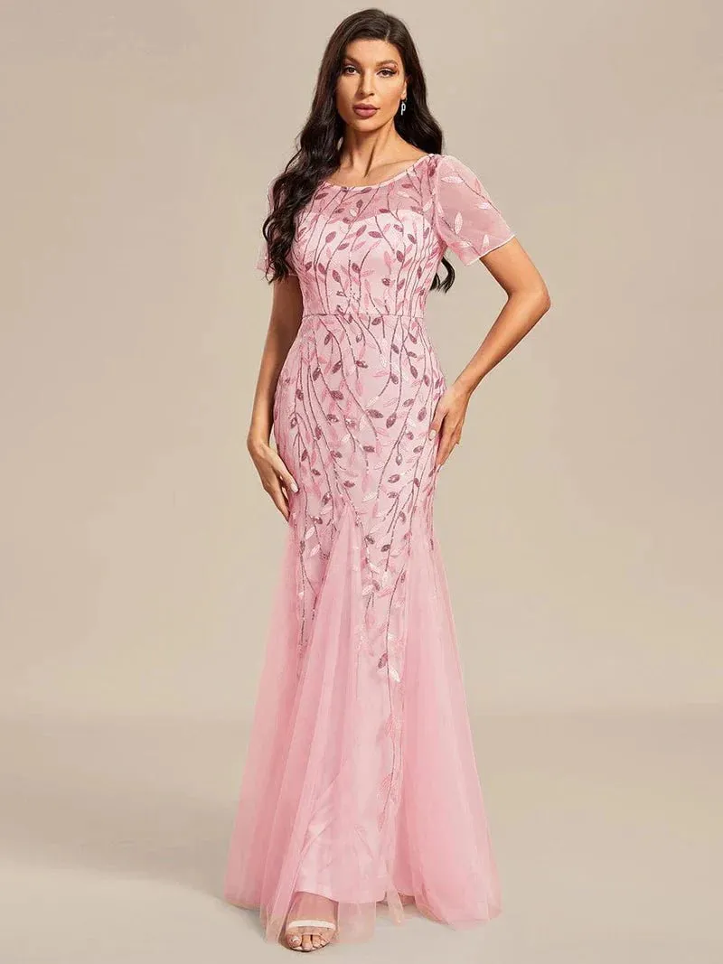 Krystal tulle embroidered leaf pattern dress with sequins in lighter colors
