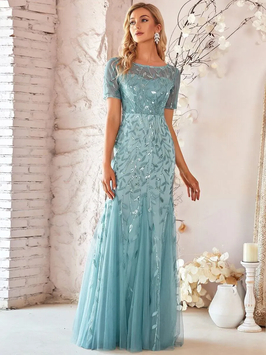 Krystal tulle embroidered leaf pattern dress with sequins in lighter colors