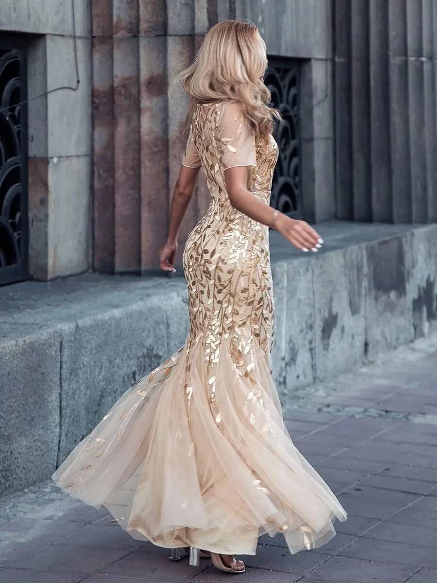 Krystal tulle embroidered leaf pattern dress with sequins in lighter colors