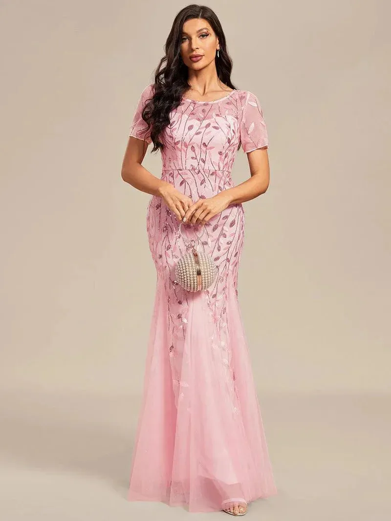 Krystal tulle embroidered leaf pattern dress with sequins in lighter colors