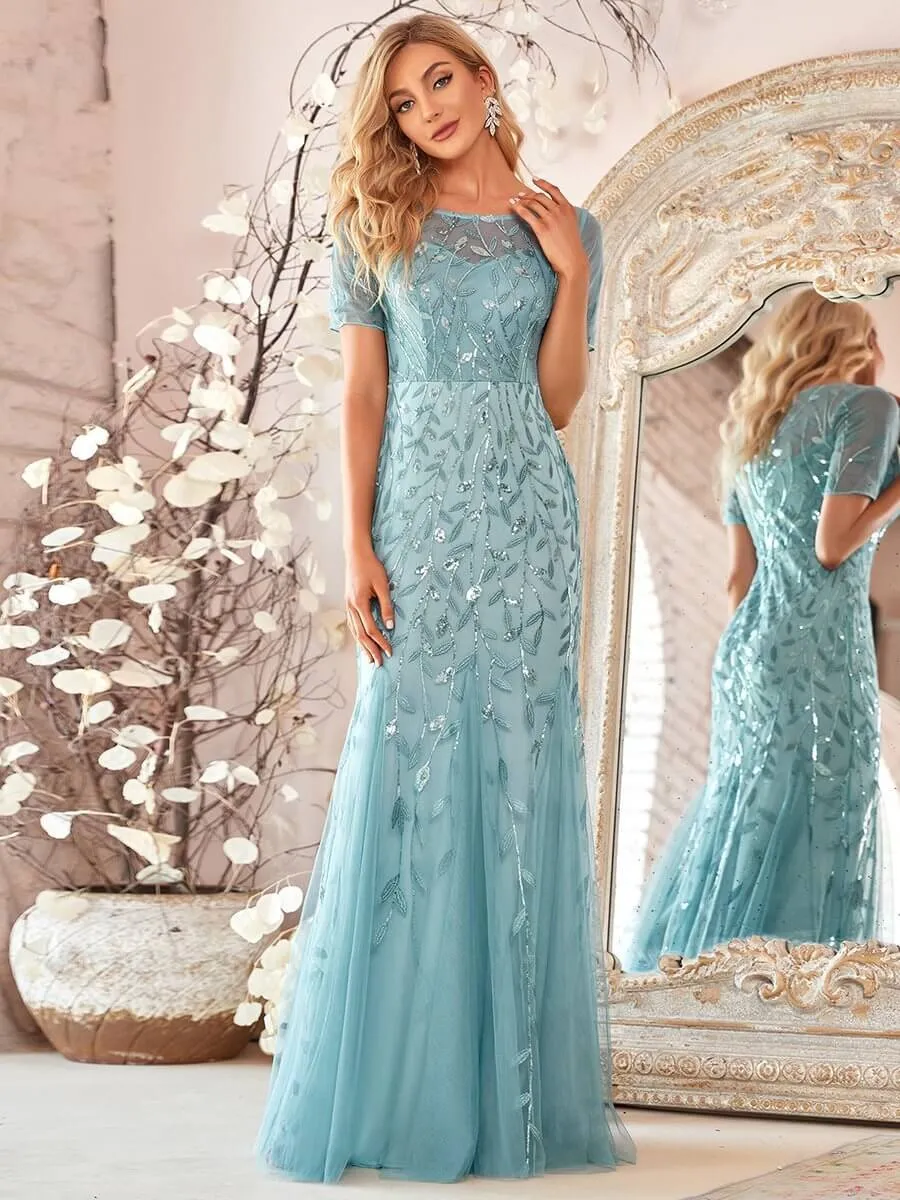 Krystal tulle embroidered leaf pattern dress with sequins in lighter colors