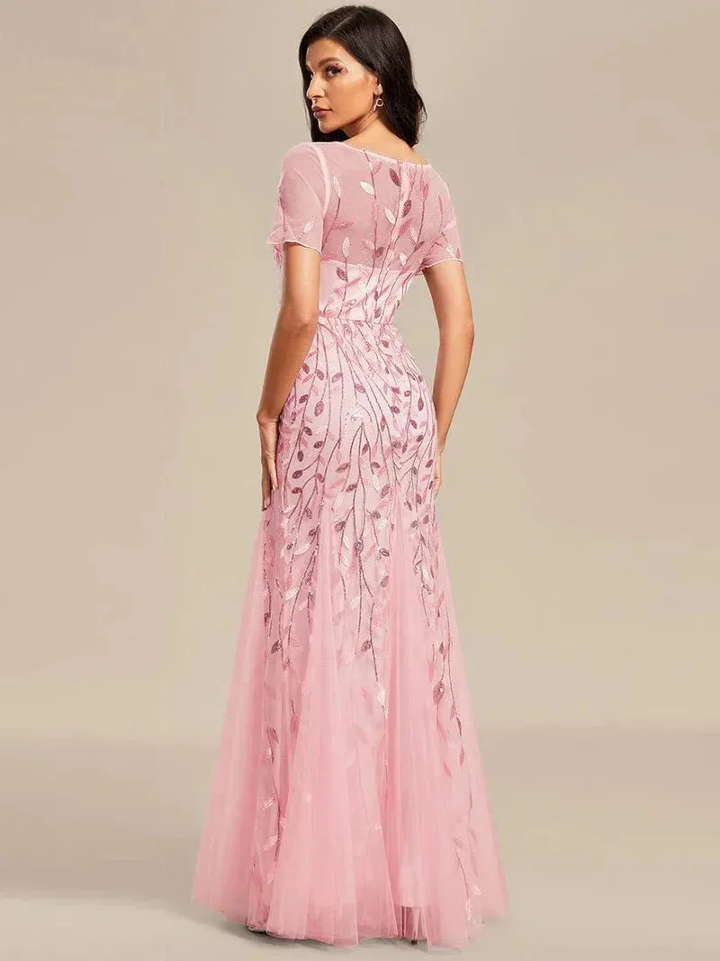 Krystal tulle embroidered leaf pattern dress with sequins in lighter colors