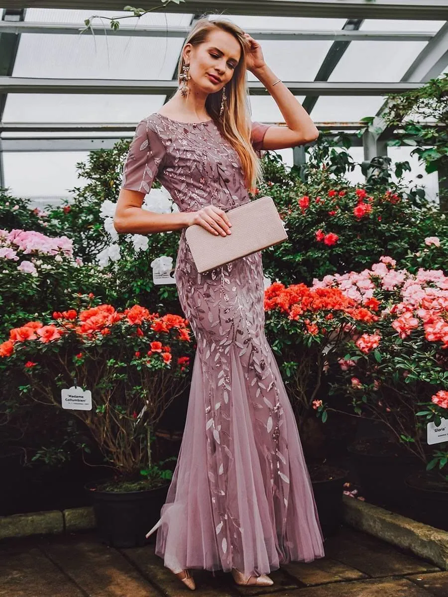 Krystal tulle embroidered leaf pattern dress with sequins in lighter colors