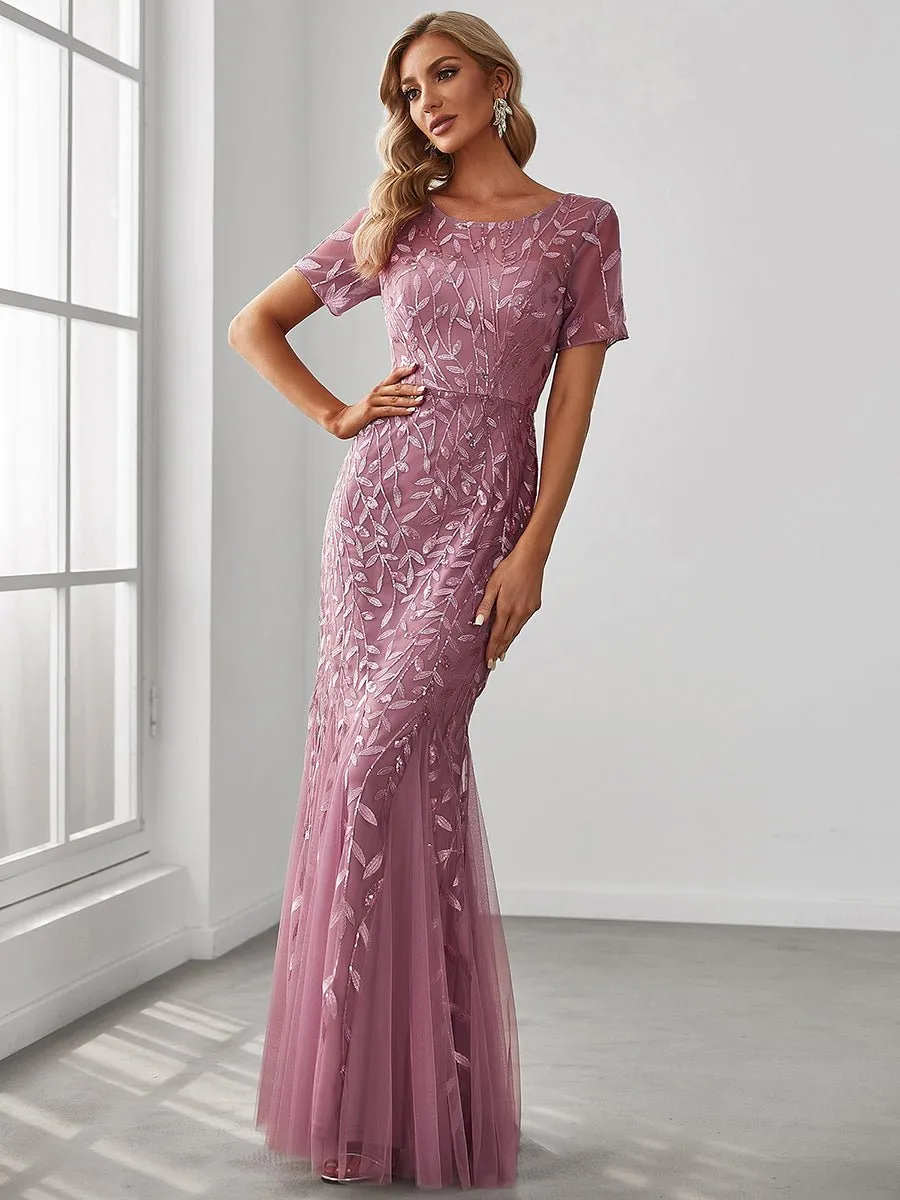 Krystal tulle embroidered leaf pattern dress with sequins in lighter colors