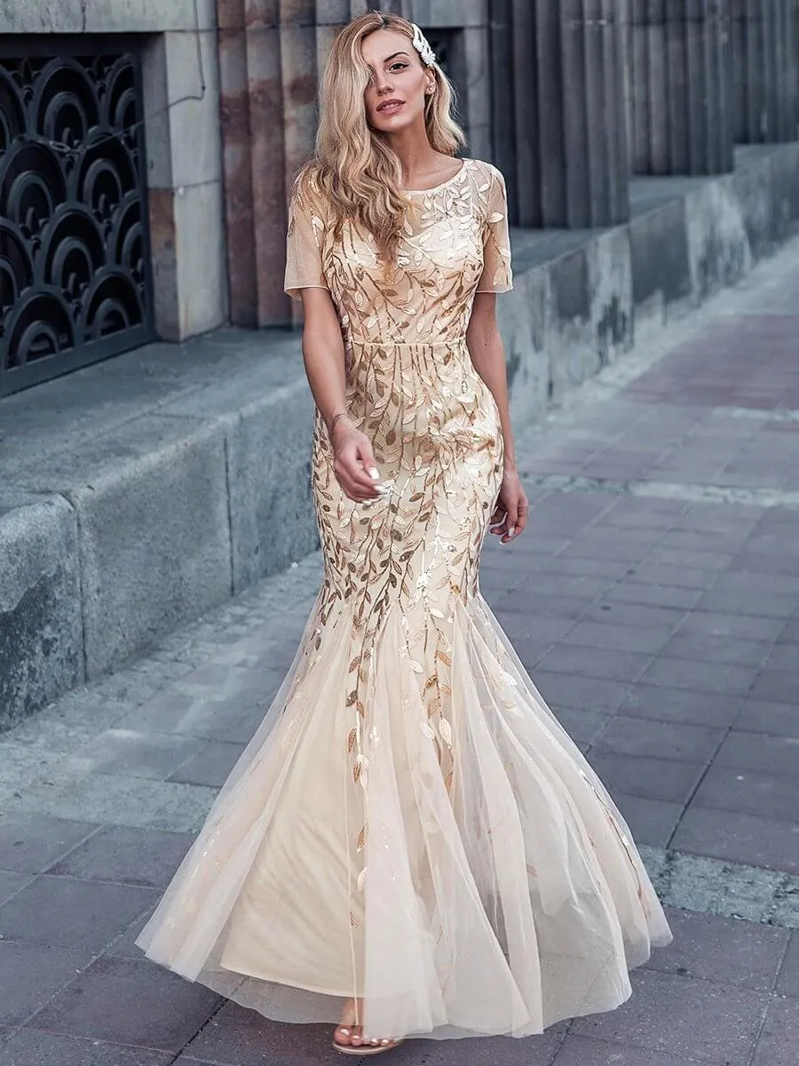 Krystal tulle embroidered leaf pattern dress with sequins in lighter colors