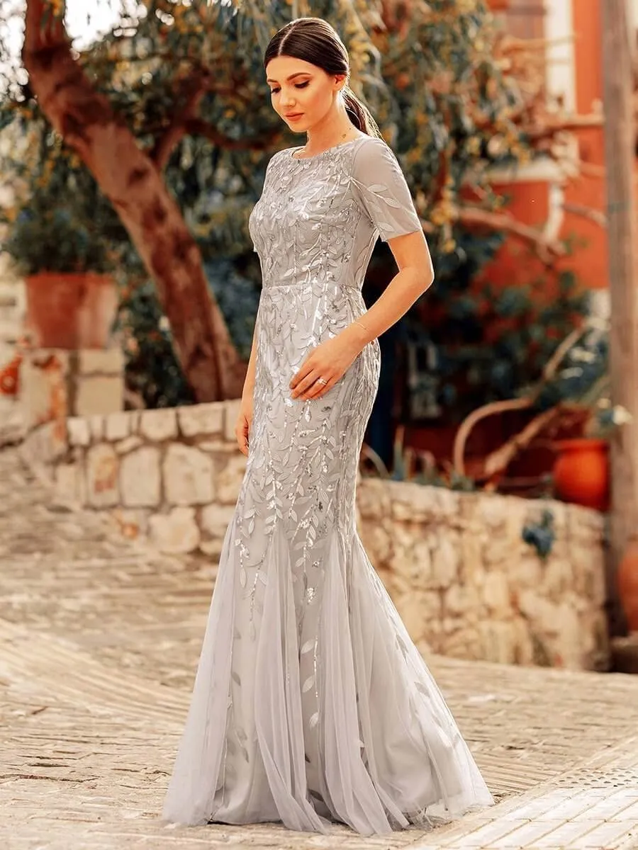 Krystal tulle embroidered leaf pattern dress with sequins in lighter colors