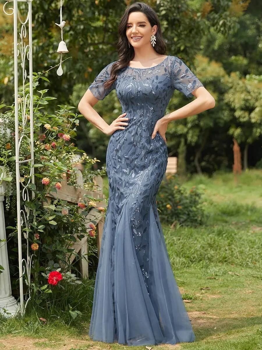 Krystal tulle embroidered leaf pattern dress with sequins in lighter colors