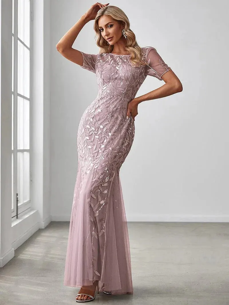 Krystal tulle embroidered leaf pattern dress with sequins in lighter colors