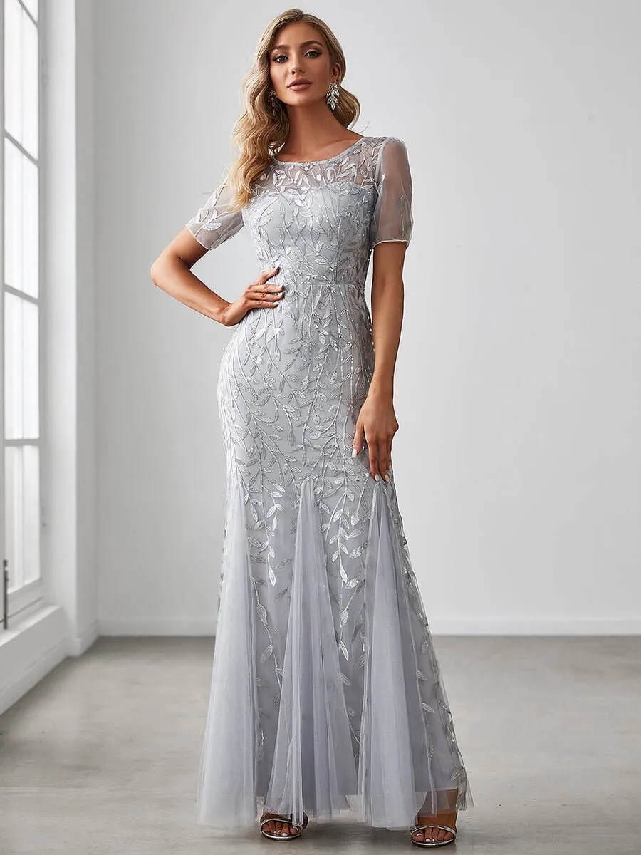 Krystal tulle embroidered leaf pattern dress with sequins in lighter colors