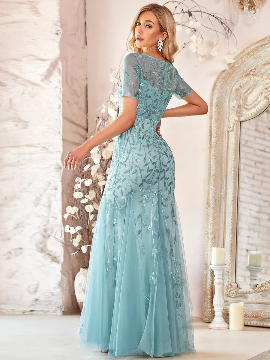 Krystal tulle embroidered leaf pattern dress with sequins in lighter colors