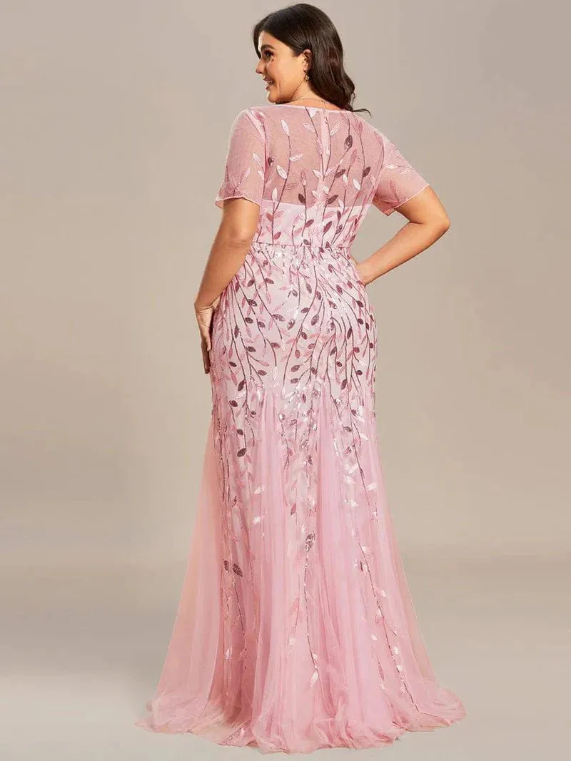 Krystal tulle embroidered leaf pattern dress with sequins in lighter colors