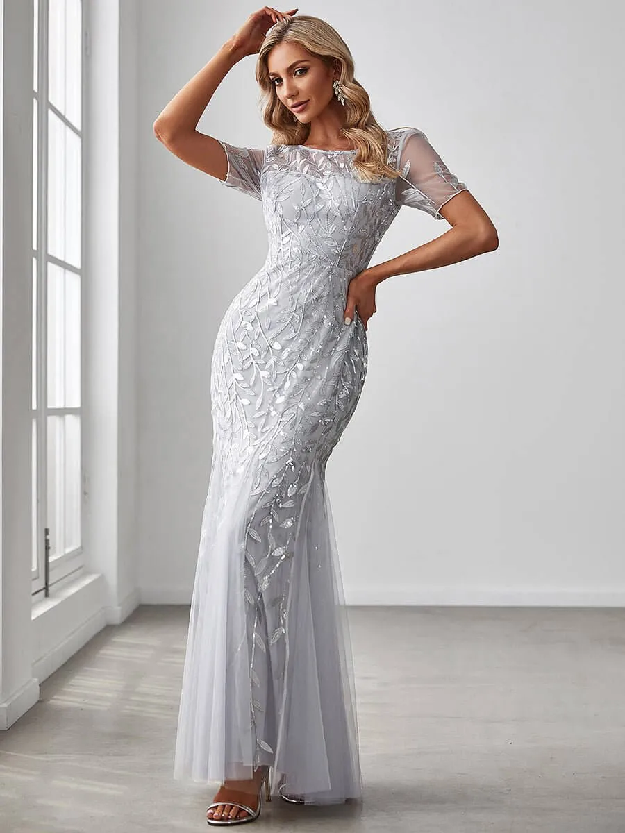 Krystal tulle embroidered leaf pattern dress with sequins in lighter colors
