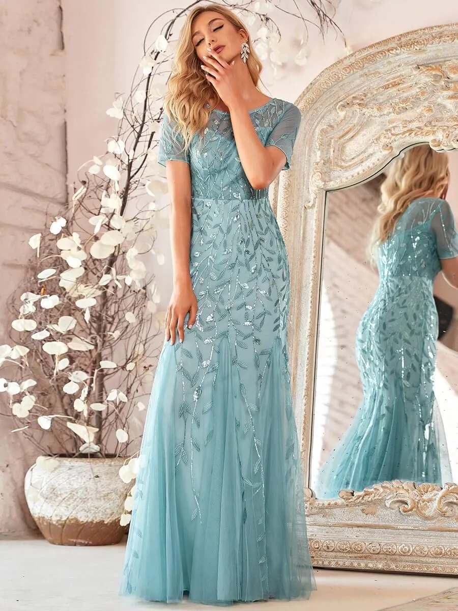 Krystal tulle embroidered leaf pattern dress with sequins in lighter colors