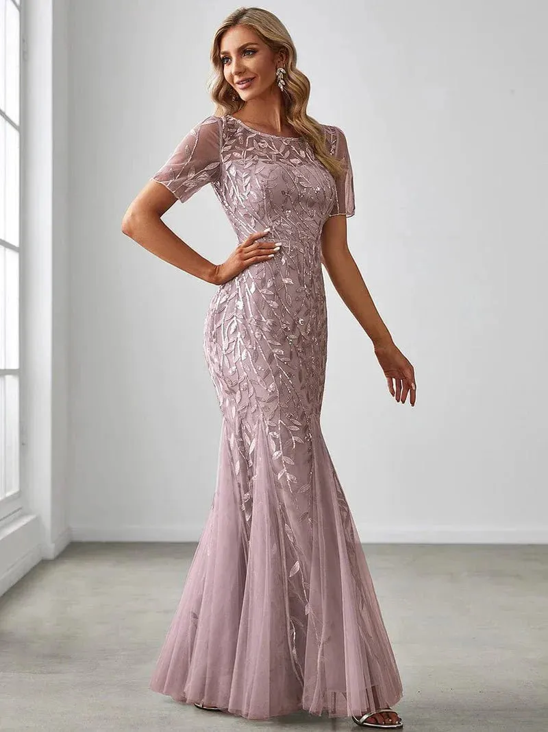 Krystal tulle embroidered leaf pattern dress with sequins in lighter colors