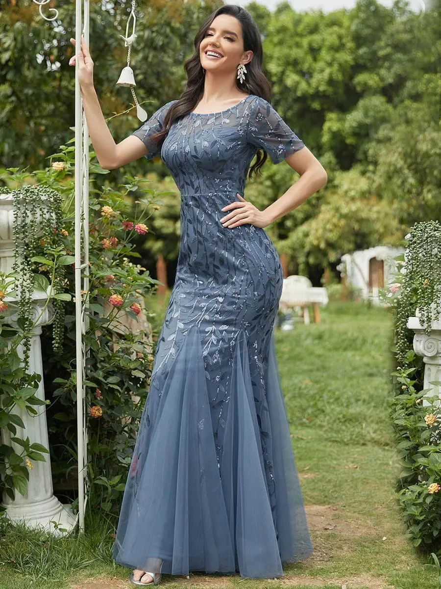 Krystal tulle embroidered leaf pattern dress with sequins in lighter colors