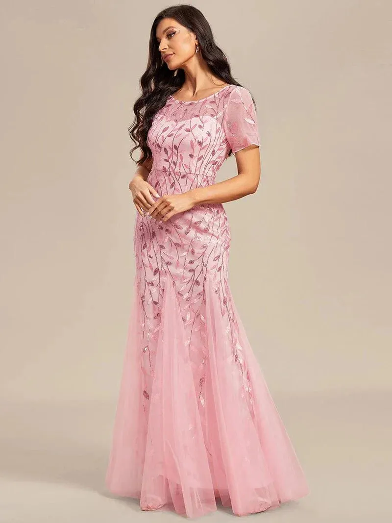 Krystal tulle embroidered leaf pattern dress with sequins in lighter colors