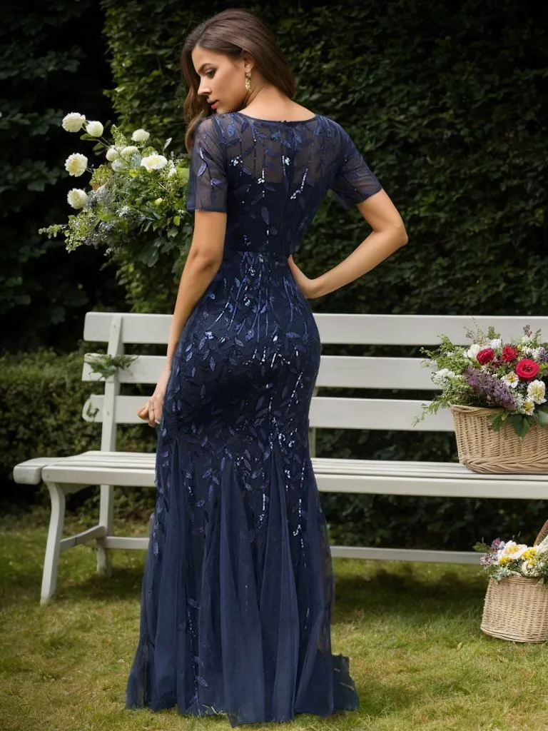 Krystal tulle embroidered leaf pattern dress with sequins