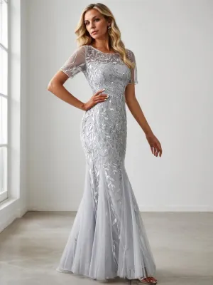 Krystal tulle embroidered leaf pattern dress with sequins