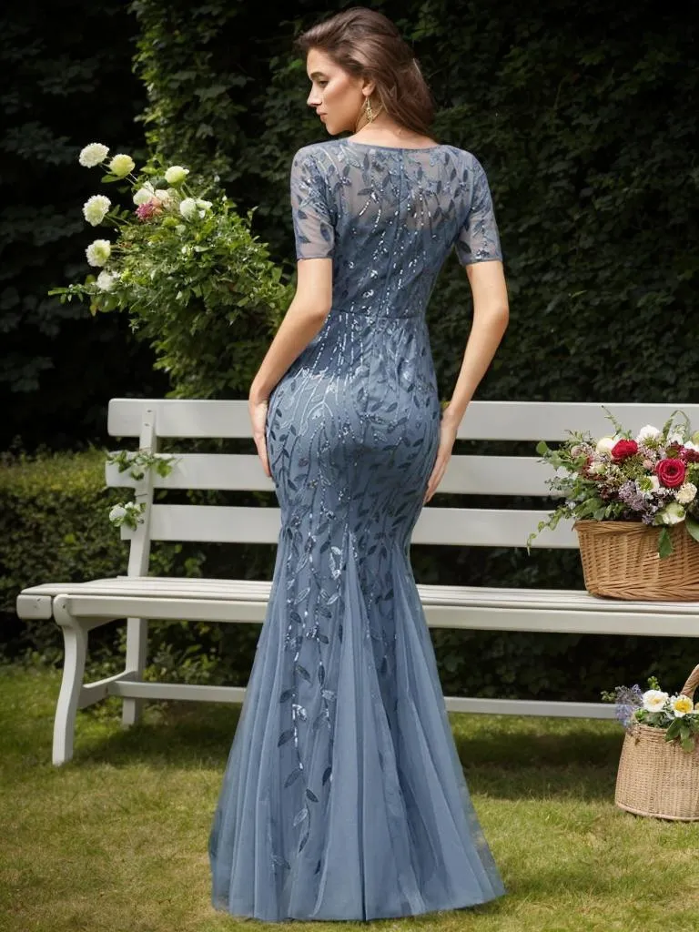Krystal tulle embroidered leaf pattern dress with sequins