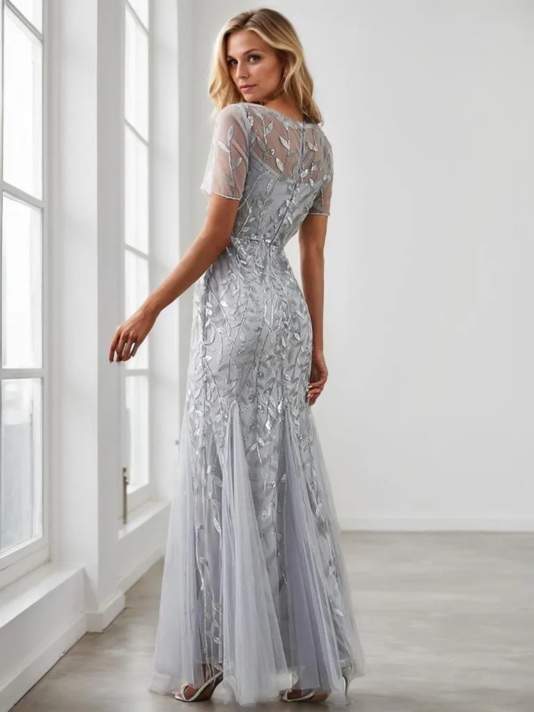 Krystal tulle embroidered leaf pattern dress with sequins