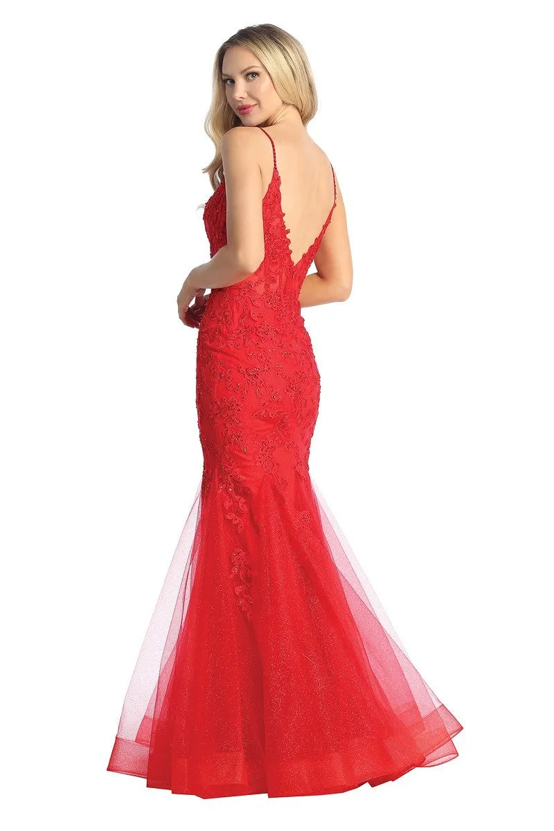 LF 7834 - Beaded Lace Embellished Fit & Flare Prom Gown with Sheer Corset Bodice & Tulle Skirt
