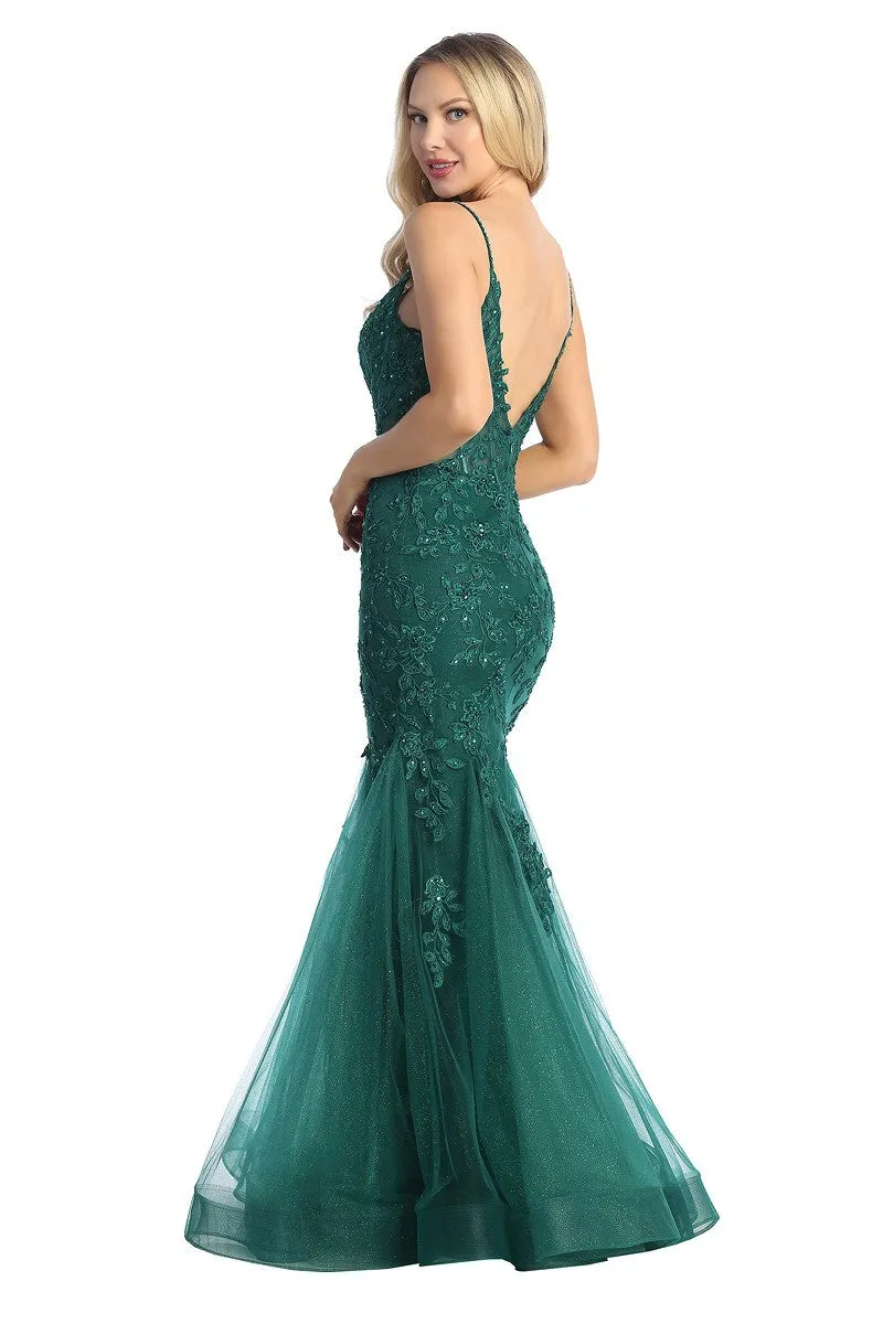 LF 7834 - Beaded Lace Embellished Fit & Flare Prom Gown with Sheer Corset Bodice & Tulle Skirt