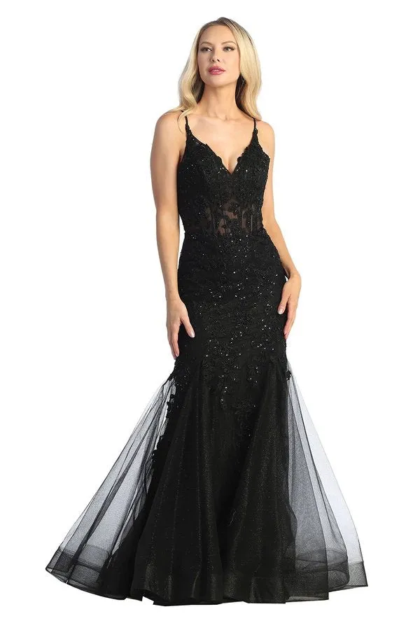 LF 7834 - Beaded Lace Embellished Fit & Flare Prom Gown with Sheer Corset Bodice & Tulle Skirt