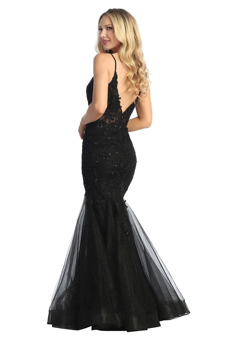 LF 7834 - Beaded Lace Embellished Fit & Flare Prom Gown with Sheer Corset Bodice & Tulle Skirt